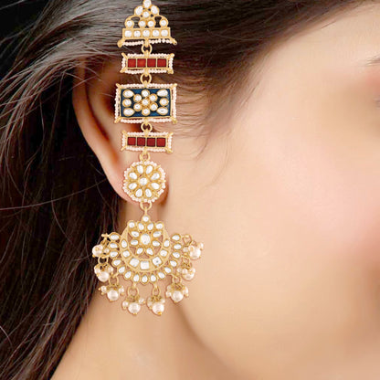 Women's Blue Gold Plated Zinc Alloy Matte Finish Kundan And Pearl Work Chandbali Earrings
