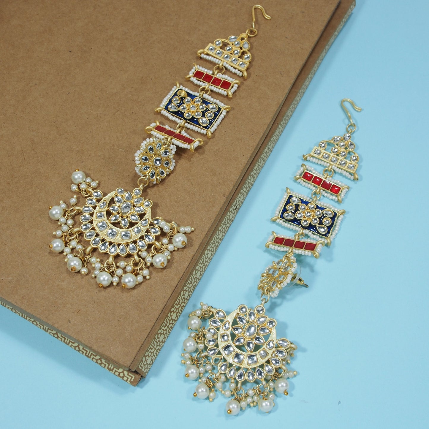 Women's Blue Gold Plated Zinc Alloy Matte Finish Kundan And Pearl Work Chandbali Earrings