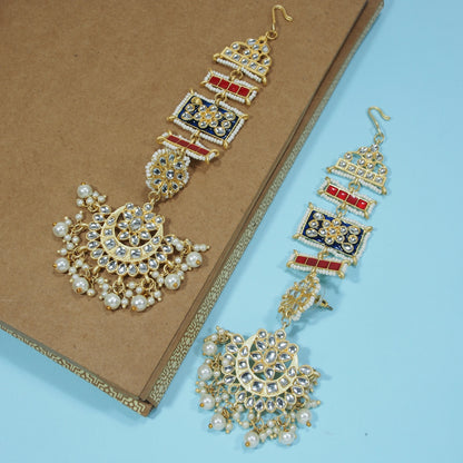Women's Blue Gold Plated Zinc Alloy Matte Finish Kundan And Pearl Work Chandbali Earrings