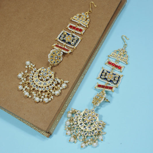 Women's Blue Gold Plated Zinc Alloy Matte Finish Kundan And Pearl Work Chandbali Earrings