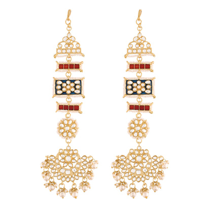 Women's Blue Gold Plated Zinc Alloy Matte Finish Kundan And Pearl Work Chandbali Earrings