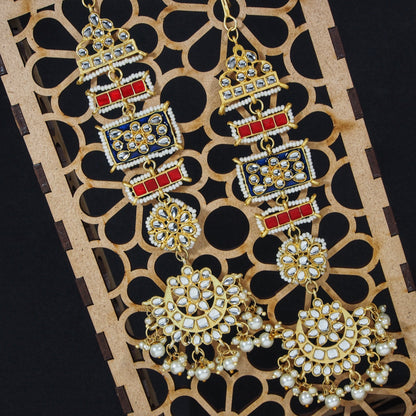 Women's Blue Gold Plated Zinc Alloy Matte Finish Kundan And Pearl Work Chandbali Earrings