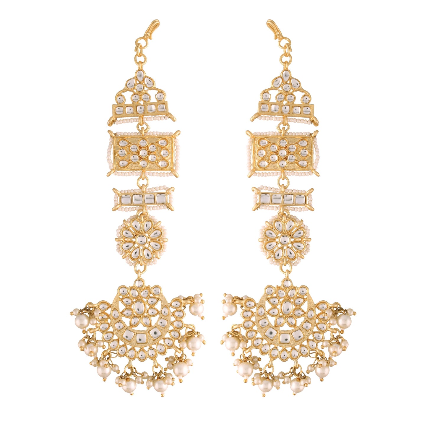 Women's Gold Plated Zinc Matte Finish Kundan And Pearl White Chandbali Earring
