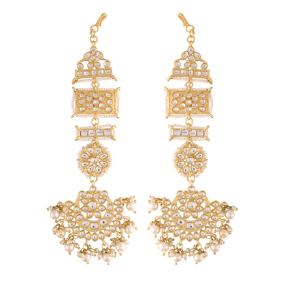Women's Gold Plated Zinc Matte Finish Kundan And Pearl White Chandbali Earring