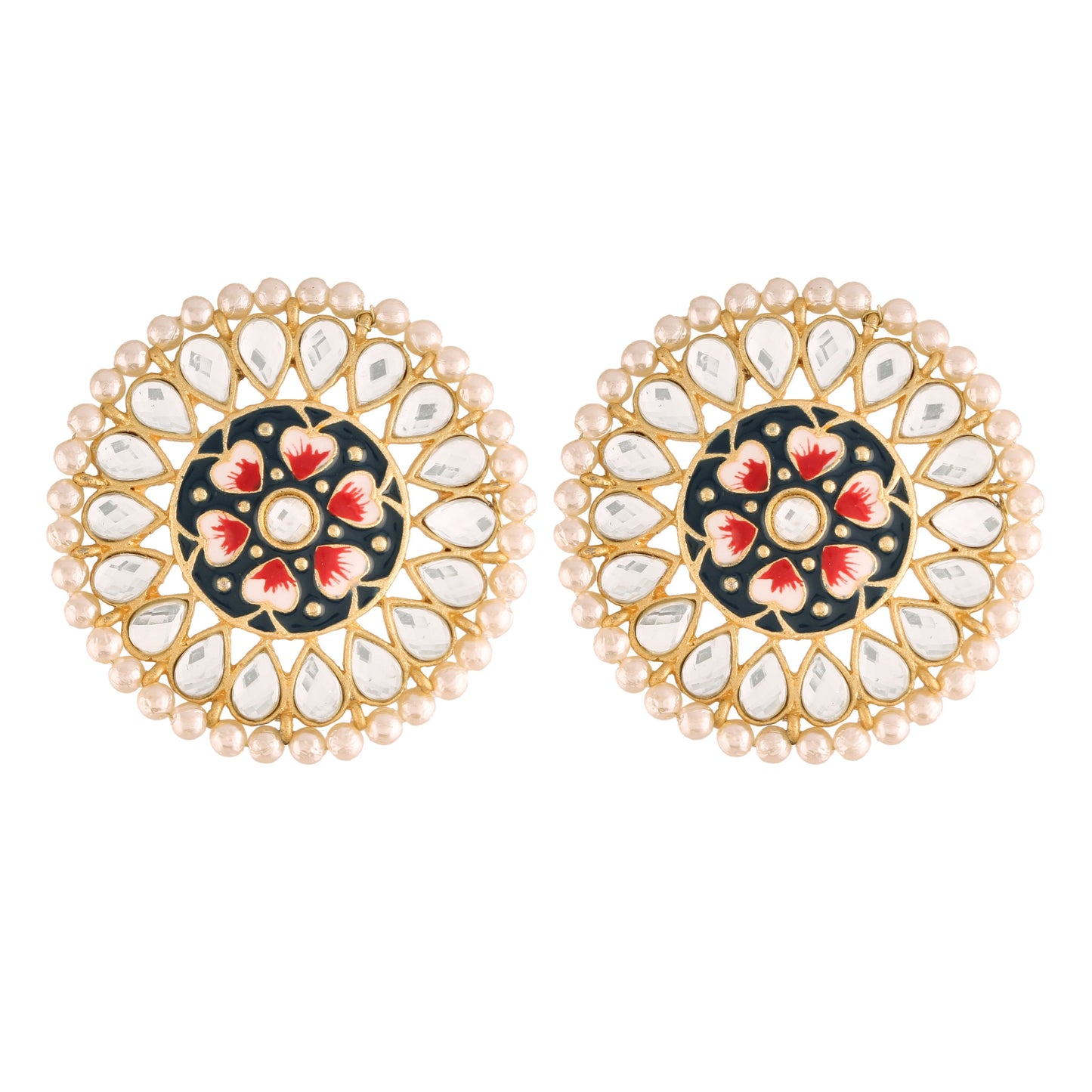 Women's  Gold Plated Round Kundan Pearl Meena Work Handcraft Blue Stud Earring