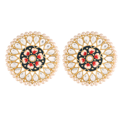 Women's  Gold Plated Round Kundan Pearl Meena Work Handcraft Blue Stud Earring