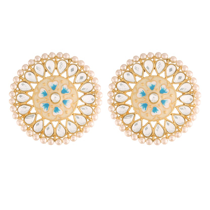 Women's  Blue Gold Plated Round Kundan Pearl Meena Work Handcraft Stud Earring