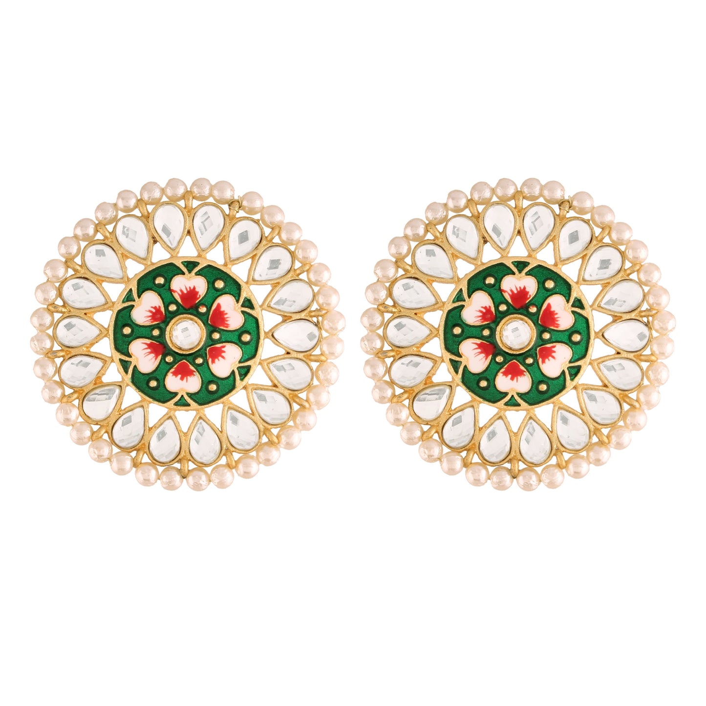 Women's  Gold Plated Round Kundan Pearl Meena Work Handcraft Green Stud Earring