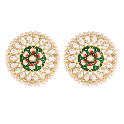 Women's  Gold Plated Round Kundan Pearl Meena Work Handcraft Green Stud Earring