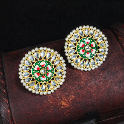 Women's  Gold Plated Round Kundan Pearl Meena Work Handcraft Green Stud Earring