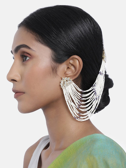 Women's Blue  Gold Plated Multi Strand Earring With Ear Chain Embellished With Pearl