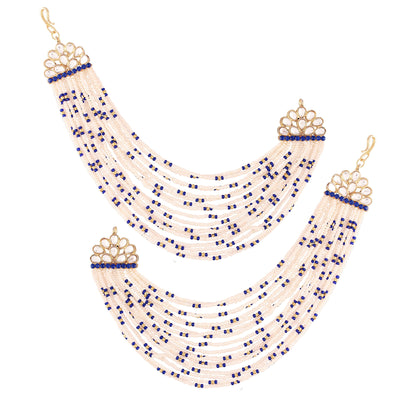 Women's Blue  Gold Plated Multi Strand Earring With Ear Chain Embellished With Pearl