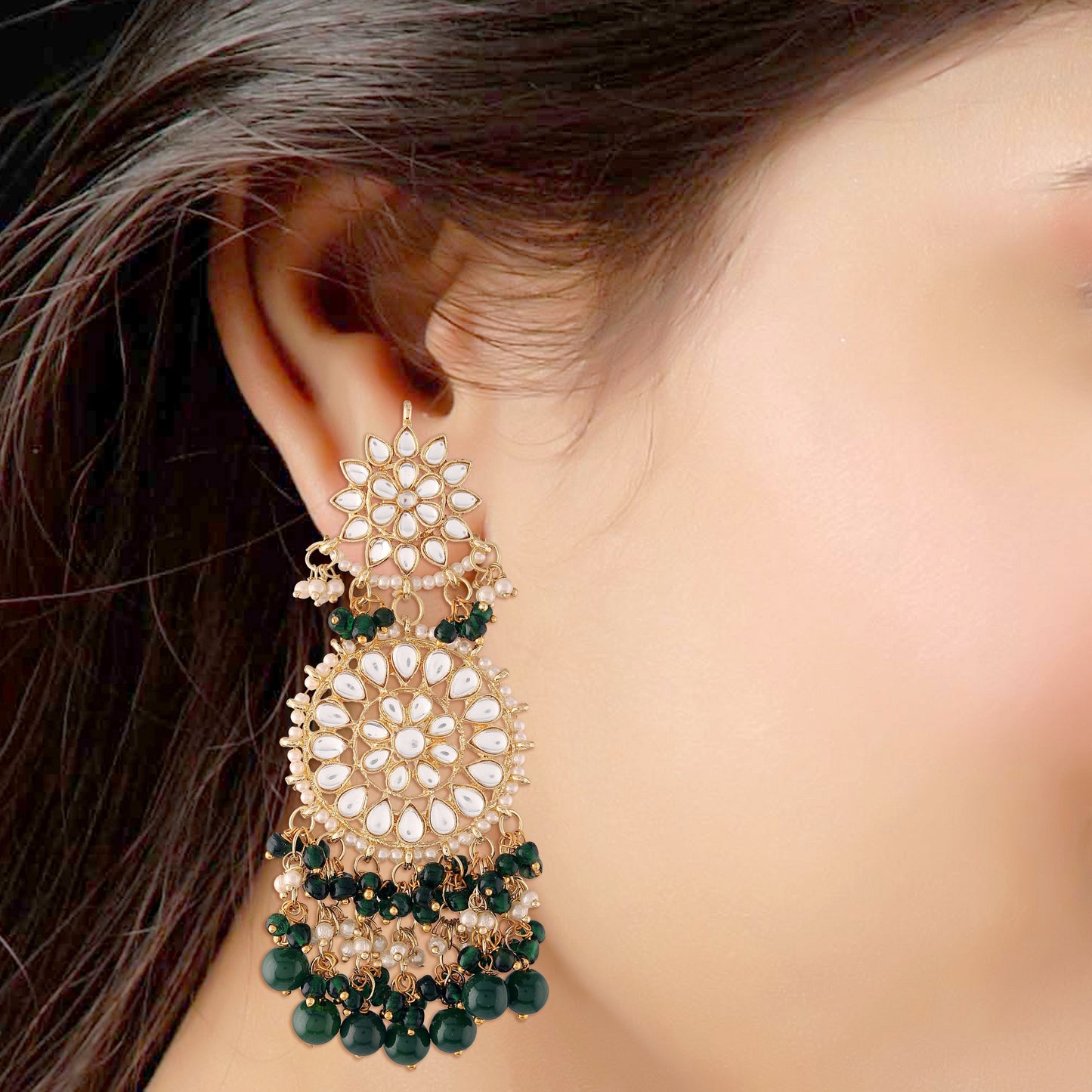 Women's  Gold Plated Green Drop Earrings Glided With Kundans & Pearls