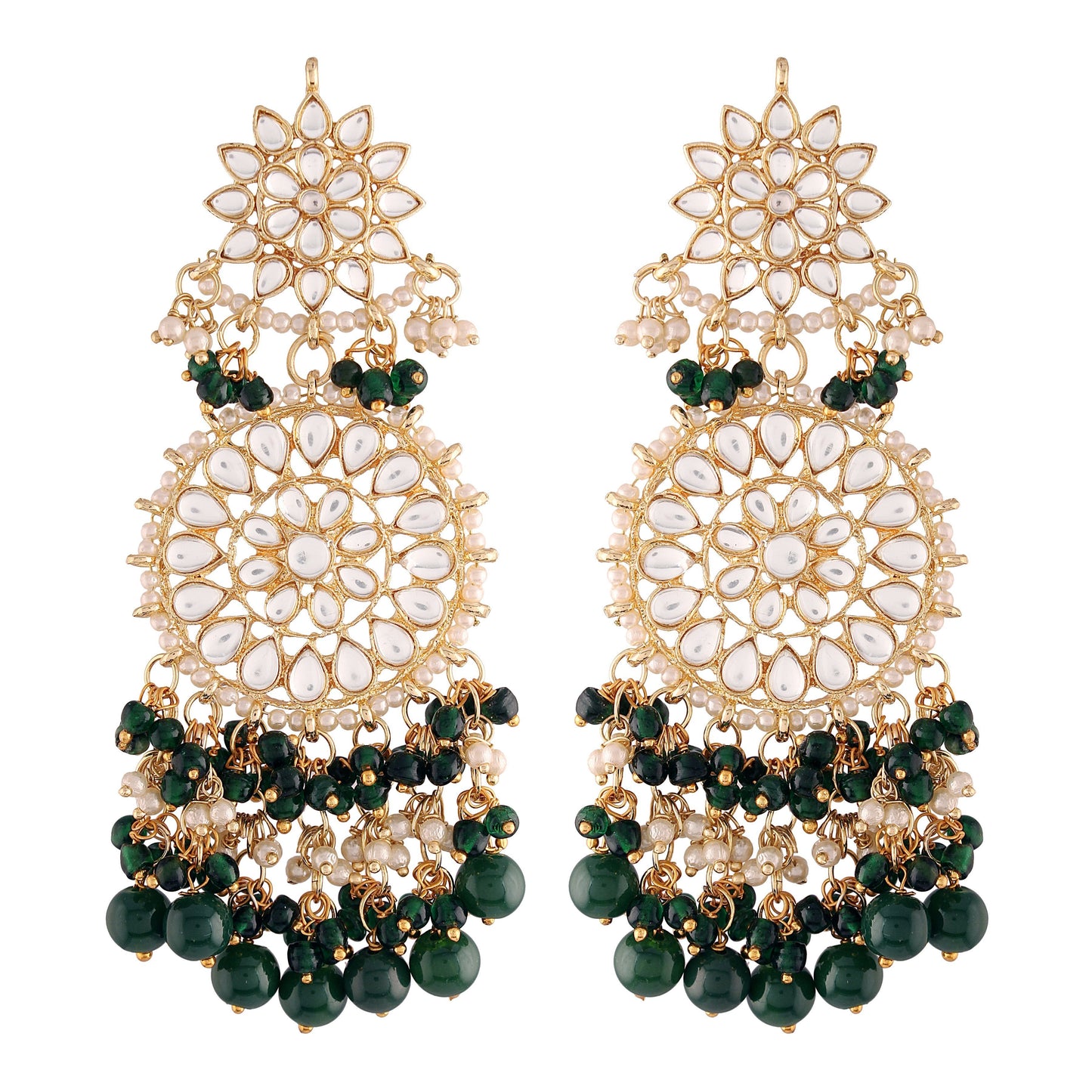Women's  Gold Plated Green Drop Earrings Glided With Kundans & Pearls