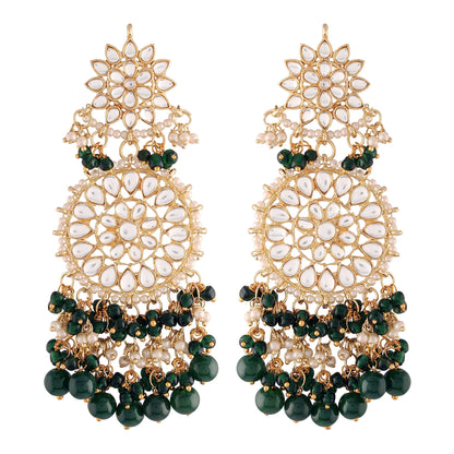 Women's  Gold Plated Green Drop Earrings Glided With Kundans & Pearls