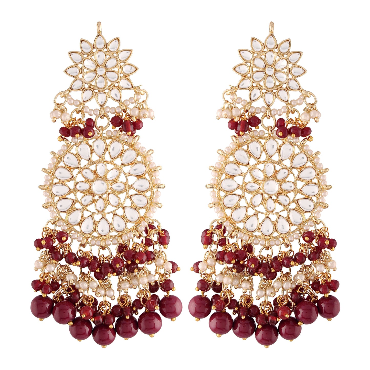 Women's  Gold Plated Maroon Drop Earrings Glided With Kundans & Pearls