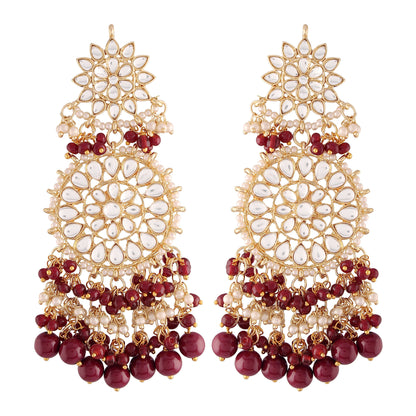 Women's  Gold Plated Maroon Drop Earrings Glided With Kundans & Pearls