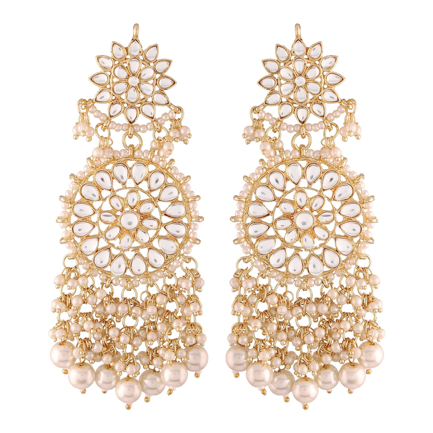 Women's  Gold Plated White Drop Earrings Glided With Kundans & Pearls