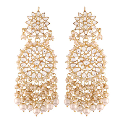Women's  Gold Plated White Drop Earrings Glided With Kundans & Pearls