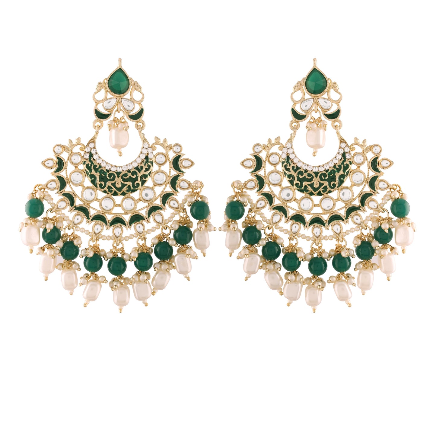 Women's Green Gold Plated, Enamel Kundan Stones & Pearl Earrings