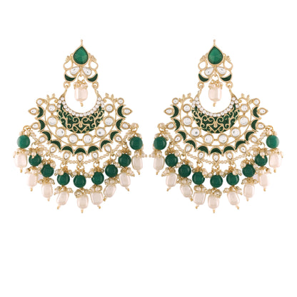 Women's Green Gold Plated, Enamel Kundan Stones & Pearl Earrings