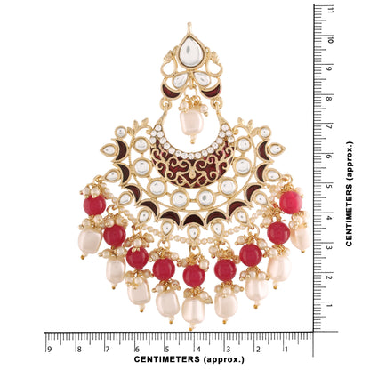 Women's  Gold Plated Red Enamel Glided With Kundans And Pearls Traditional Earrings