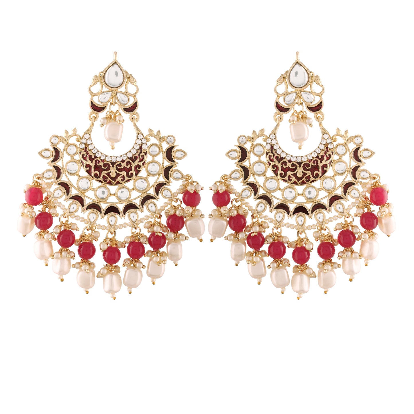 Women's  Gold Plated Red Enamel Glided With Kundans And Pearls Traditional Earrings