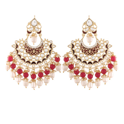 Women's  Gold Plated Red Enamel Glided With Kundans And Pearls Traditional Earrings