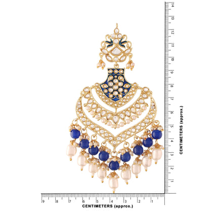 Women's  Gold Plated Blue Long Earrings Enamel Glided With Kundans & Pearls