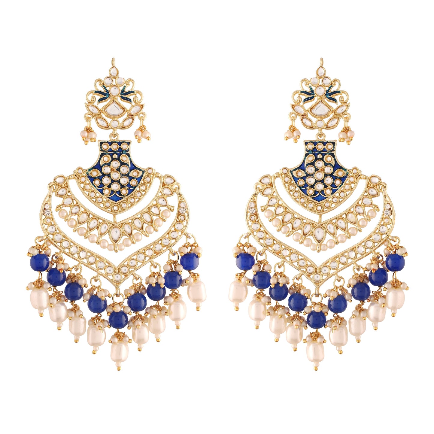 Women's  Gold Plated Blue Long Earrings Enamel Glided With Kundans & Pearls