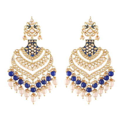 Women's  Gold Plated Blue Long Earrings Enamel Glided With Kundans & Pearls