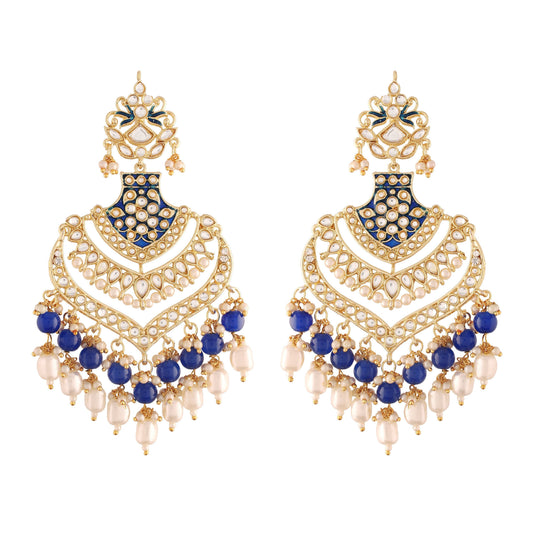 Women's  Gold Plated Blue Long Earrings Enamel Glided With Kundans & Pearls