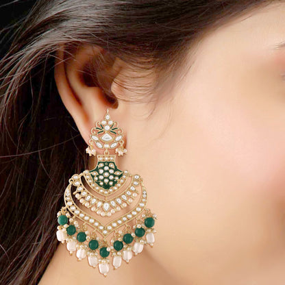 Women Golden and Green Kundan and Beads Earrings by I Jewels