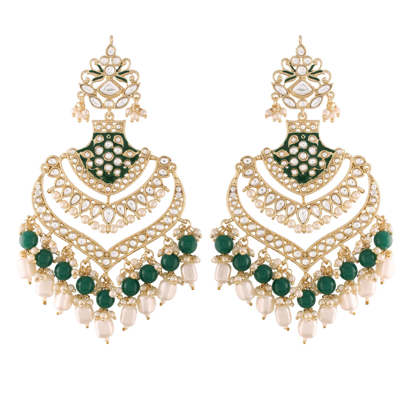 Women Golden and Green Kundan and Beads Earrings by I Jewels