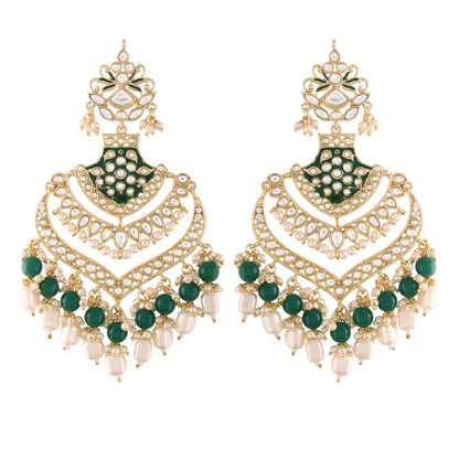 Women Golden and Green Kundan and Beads Earrings by I Jewels