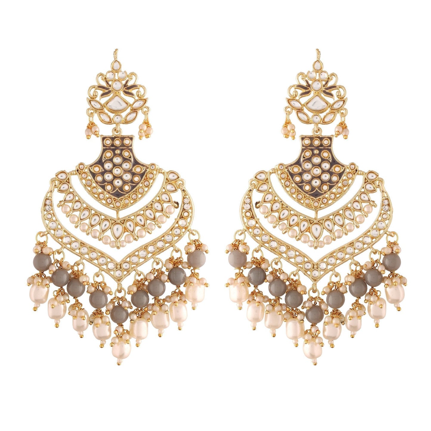 Women's  Gold Plated Grey  Long Earrings Enamel Glided With Kundans & Pearls