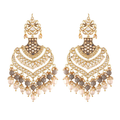 Women's  Gold Plated Grey  Long Earrings Enamel Glided With Kundans & Pearls