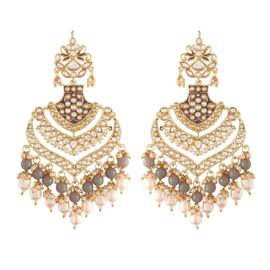 Women's  Gold Plated Grey  Long Earrings Enamel Glided With Kundans & Pearls
