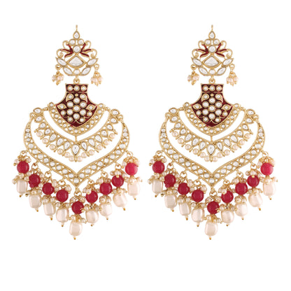 Women's  Maroon Gold Plated Enamel Glided With Kundans & Pearls Long Earrings
