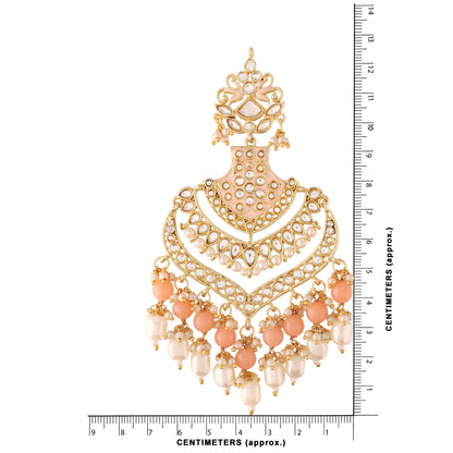 Women's  Gold Plated Peach Traditional Long Earrings Enamel Glided With Kundans & Pearls