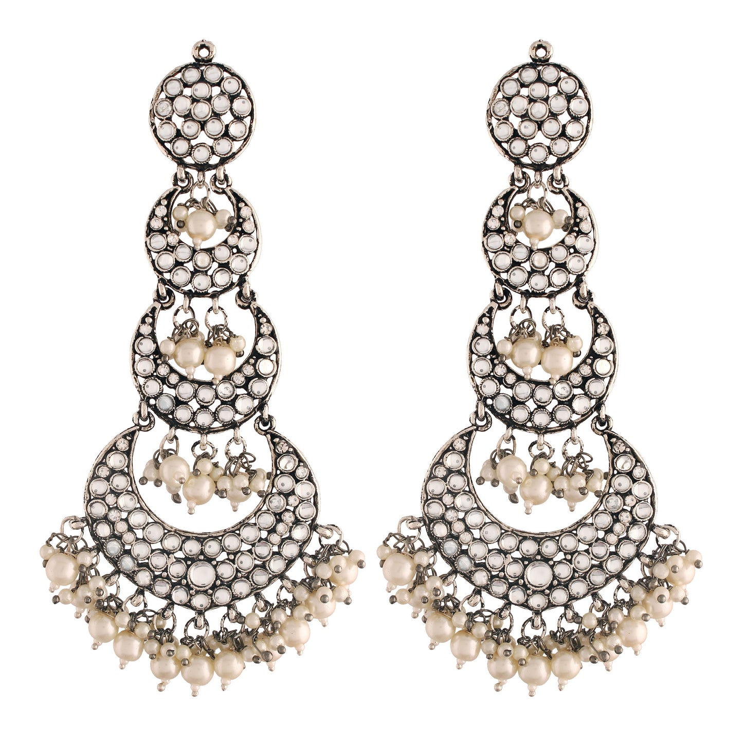 Women's  Silver Oxidised Earrings With Hair Chain Encased With Kundans & Pearls