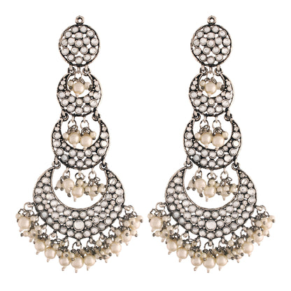 Women's  Silver Oxidised Earrings With Hair Chain Encased With Kundans & Pearls