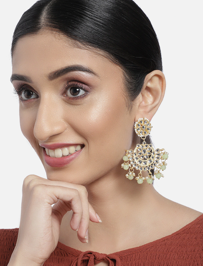 Women's  Gold Plated Matt Finish Mint Chandbali Earrings Handcrafted Kundan & Pearl