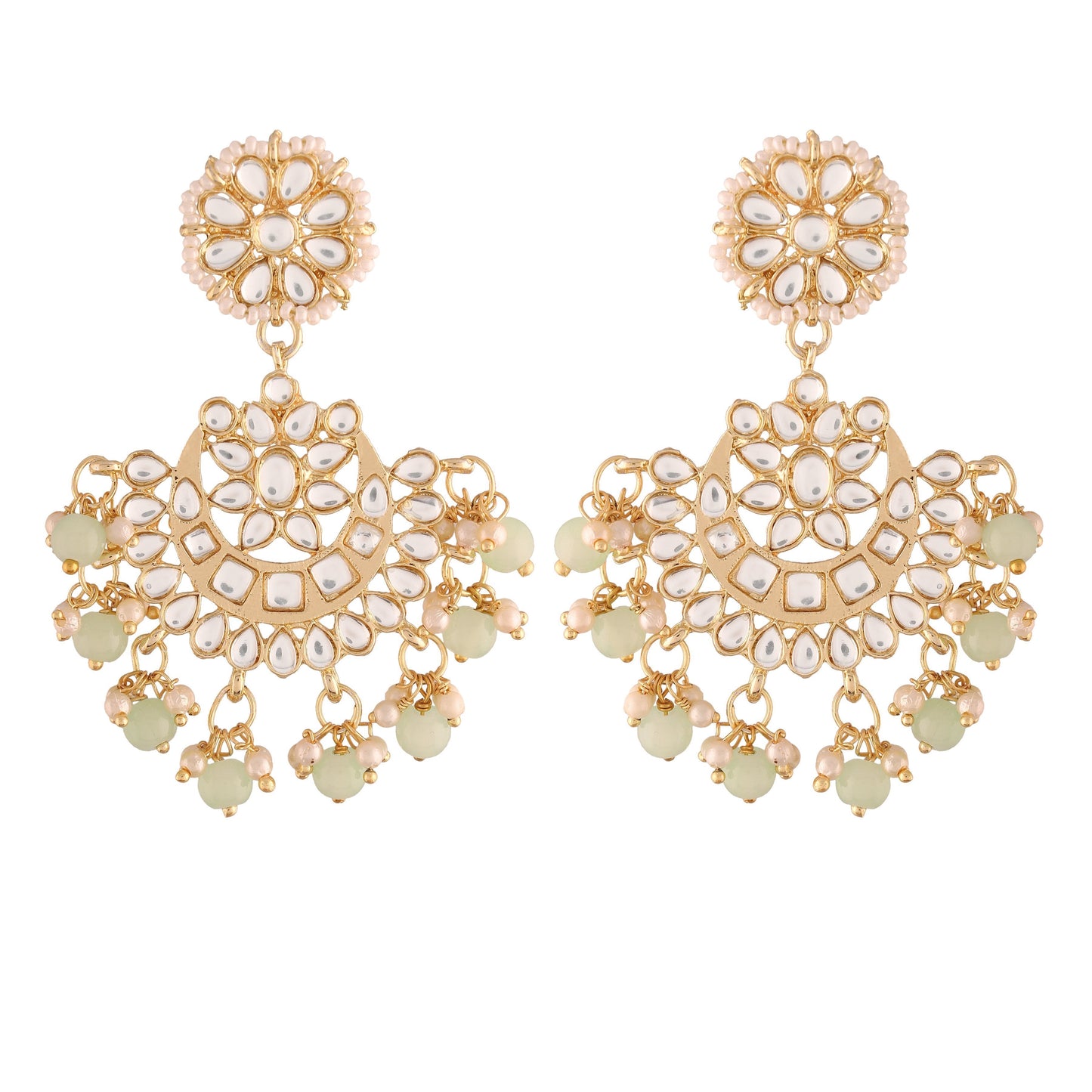 Women's  Gold Plated Matt Finish Mint Chandbali Earrings Handcrafted Kundan & Pearl
