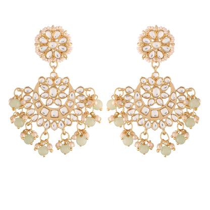 Women's  Gold Plated Matt Finish Mint Chandbali Earrings Handcrafted Kundan & Pearl