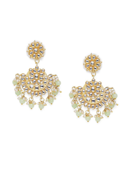 Women's  Gold Plated Matt Finish Mint Chandbali Earrings Handcrafted Kundan & Pearl