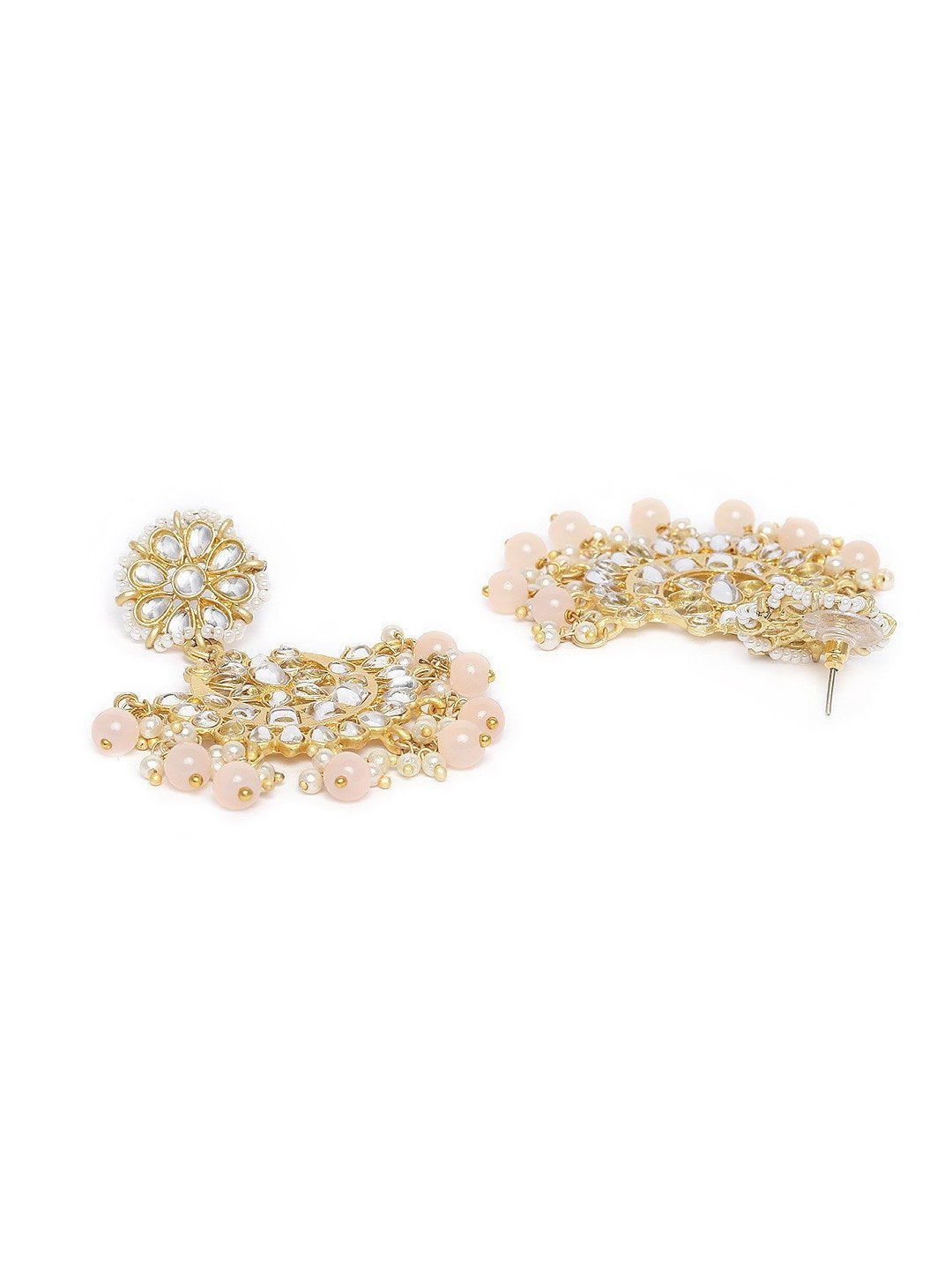 Women's  Gold Plated Matt Finish Peach Chandbali Earrings Handcrafted Kundan & Pearl