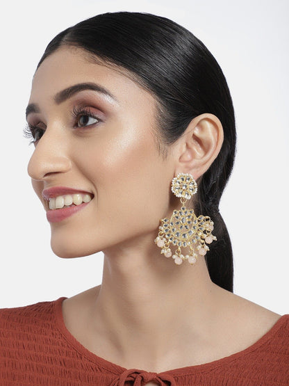 Women's  Gold Plated Matt Finish Peach Chandbali Earrings Handcrafted Kundan & Pearl