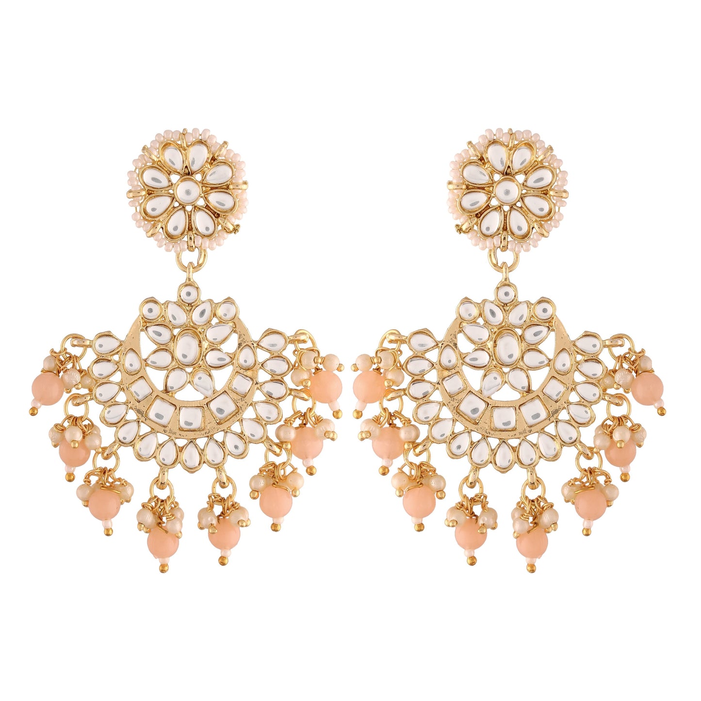 Women's  Gold Plated Matt Finish Peach Chandbali Earrings Handcrafted Kundan & Pearl
