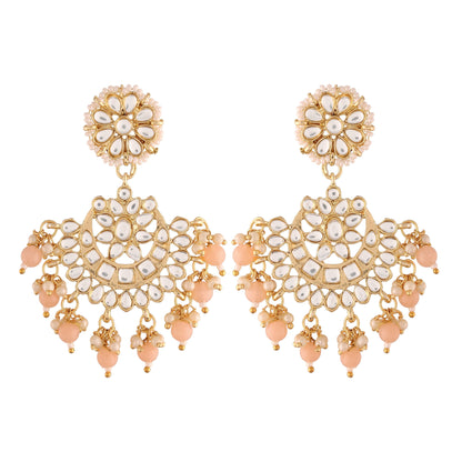 Women's  Gold Plated Matt Finish Peach Chandbali Earrings Handcrafted Kundan & Pearl